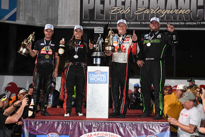 The 2023 NHRA champions (from left): Gaige Herrera (Pro Stock Motorcycle), Erica Enders (Pro Stock), Doug Kalitta (Top Fuel) and Matt Hagan (Funny Car). Photo courtesy NHRA.